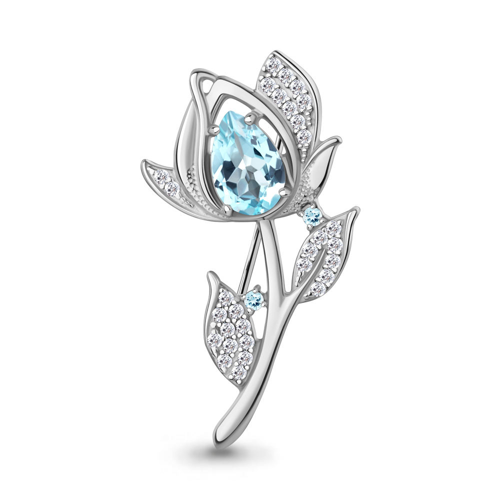 7751802А Брошь из Серебра с топазами скай блю, фианитами