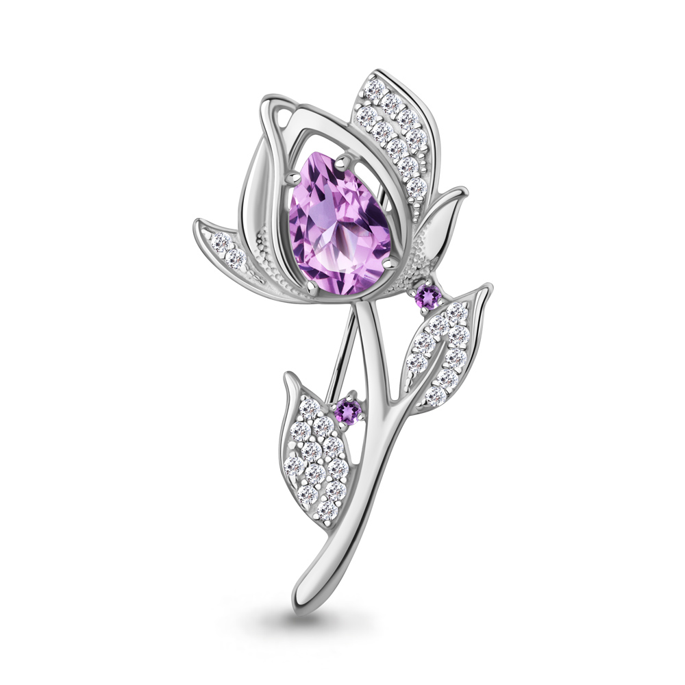 7751804А Брошь из Серебра с аметистами, фианитами