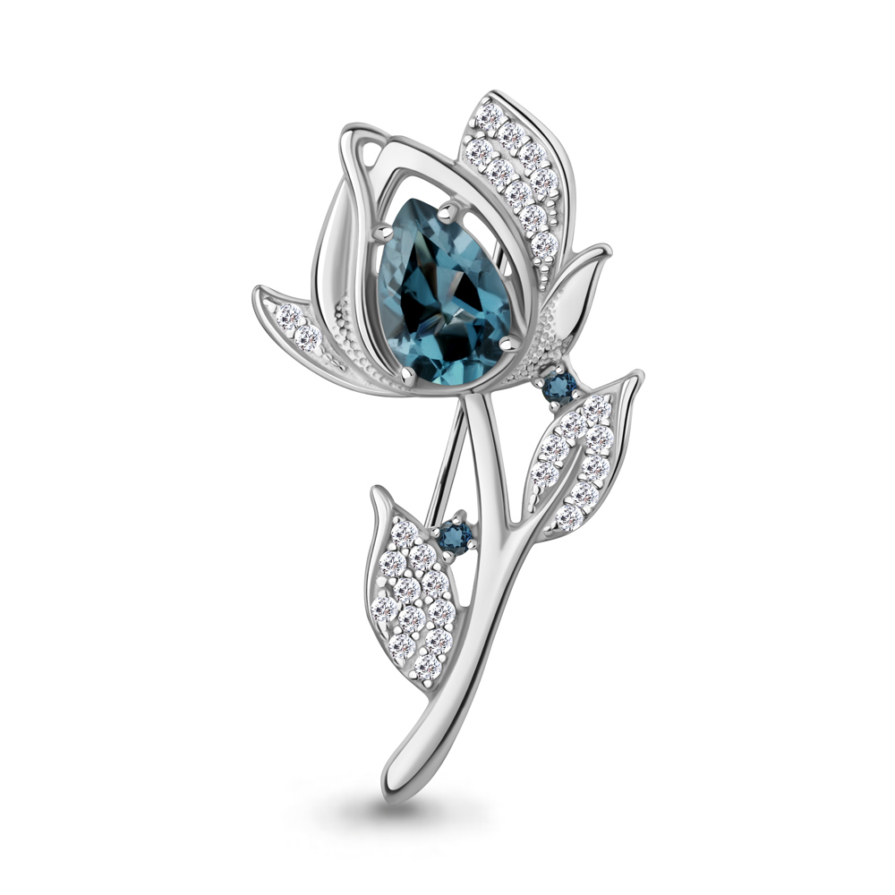 7751808А Брошь из Серебра с топазами лондон блю, фианитами