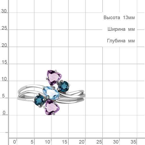 6562742 Кольцо из Серебра с аметистами, топазами лондон блю, топазом свисс блю из коллекции "Алиса"